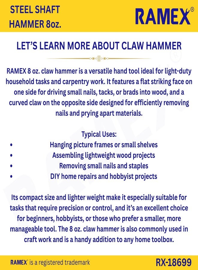 RAMEX Steel Shaft Hammer 8 Oz - Forged Steel Head for Superior Strength & Durability - Carpenter Tools for Wood Work, Home and Professional, 2 in 1 Combination Claw & Flat Head, 400gm (Pack of 1), DIY - Image 5